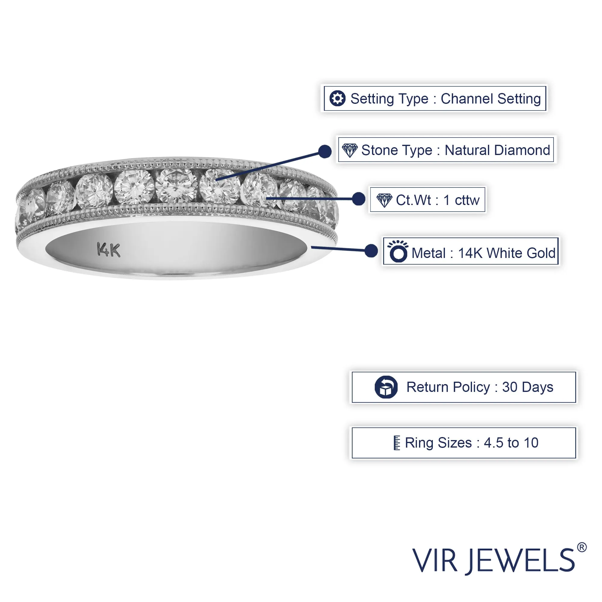 1 cttw Diamond Milgrain Channel Machin Wedding Band 14K White Gold
