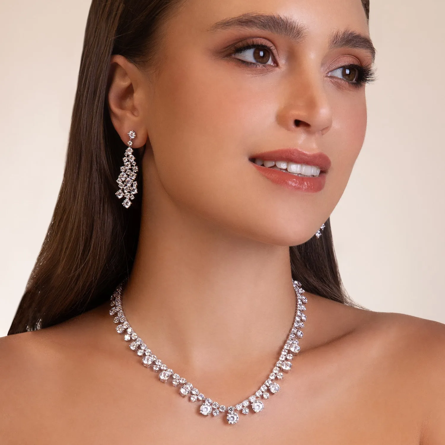 100 Cuts: Silver rhodium plated round cut 100 facet CZ with 16" riviere tennis necklace