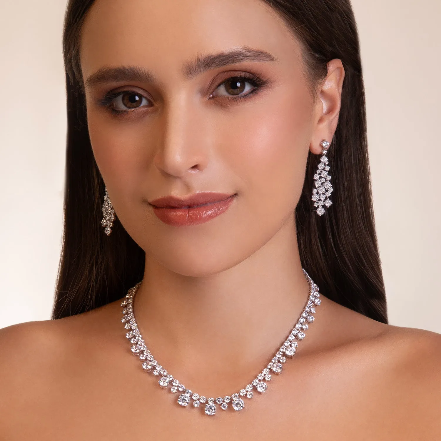 100 Cuts: Silver rhodium plated round cut 100 facet CZ with 16" riviere tennis necklace