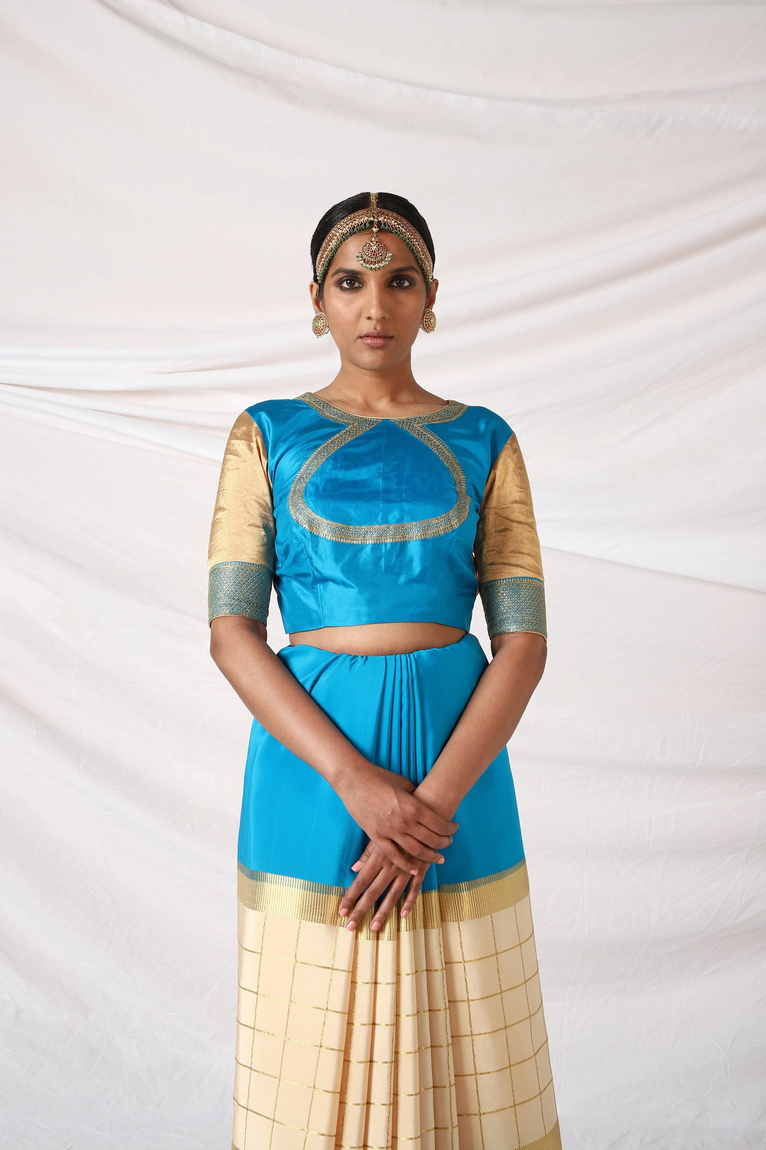 Azure Blue and gold Silk blouse