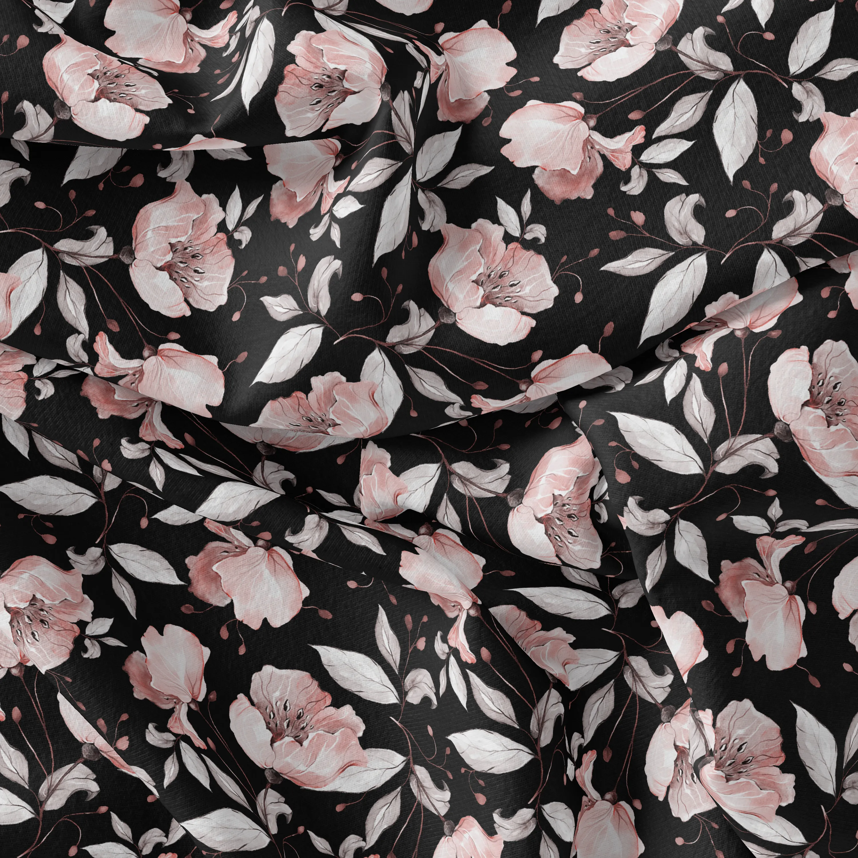 Beautiful Baby Pink Roses With Gray Leaves Digital Printed Fabric