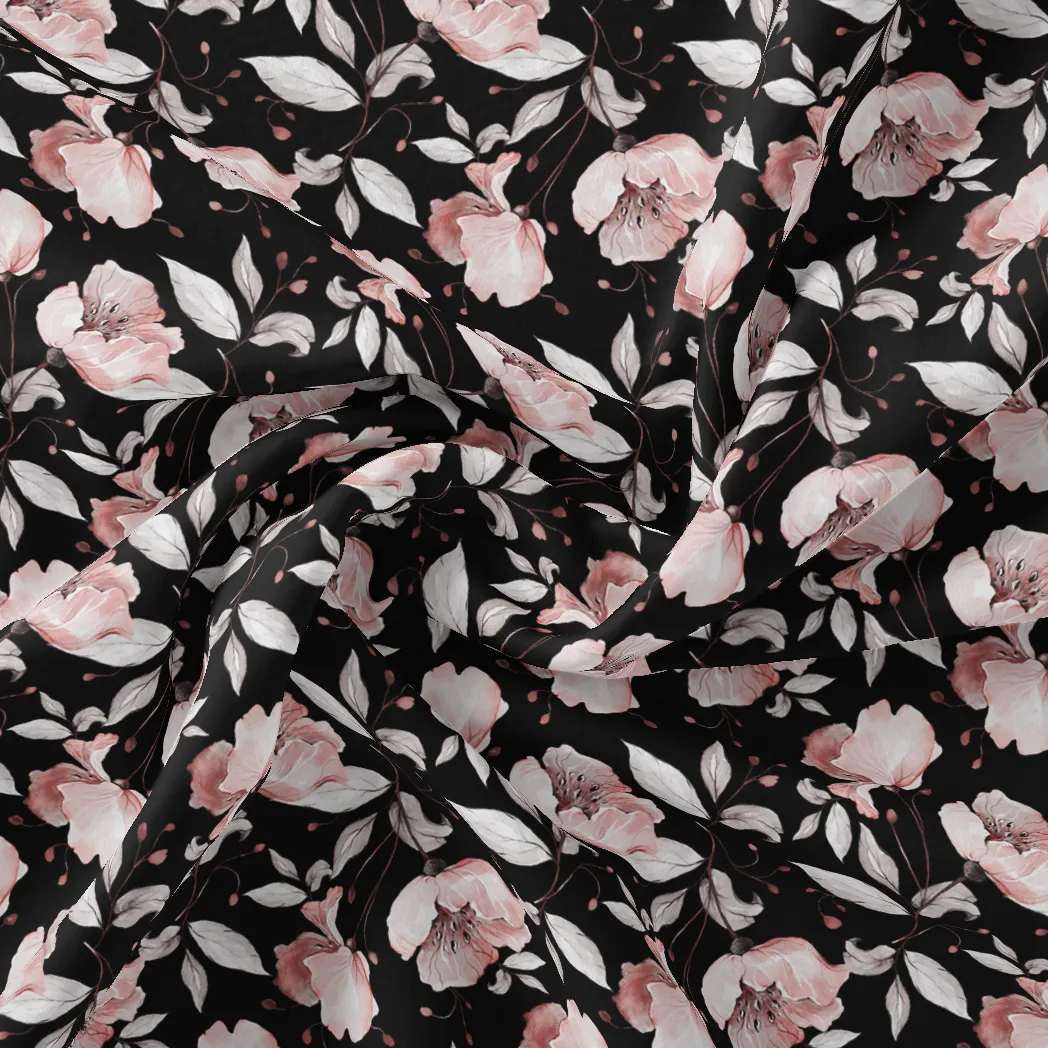 Beautiful Baby Pink Roses With Gray Leaves Digital Printed Fabric