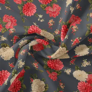 Beautiful Dahlia Red And Gray Flower Digital Printed Fabric