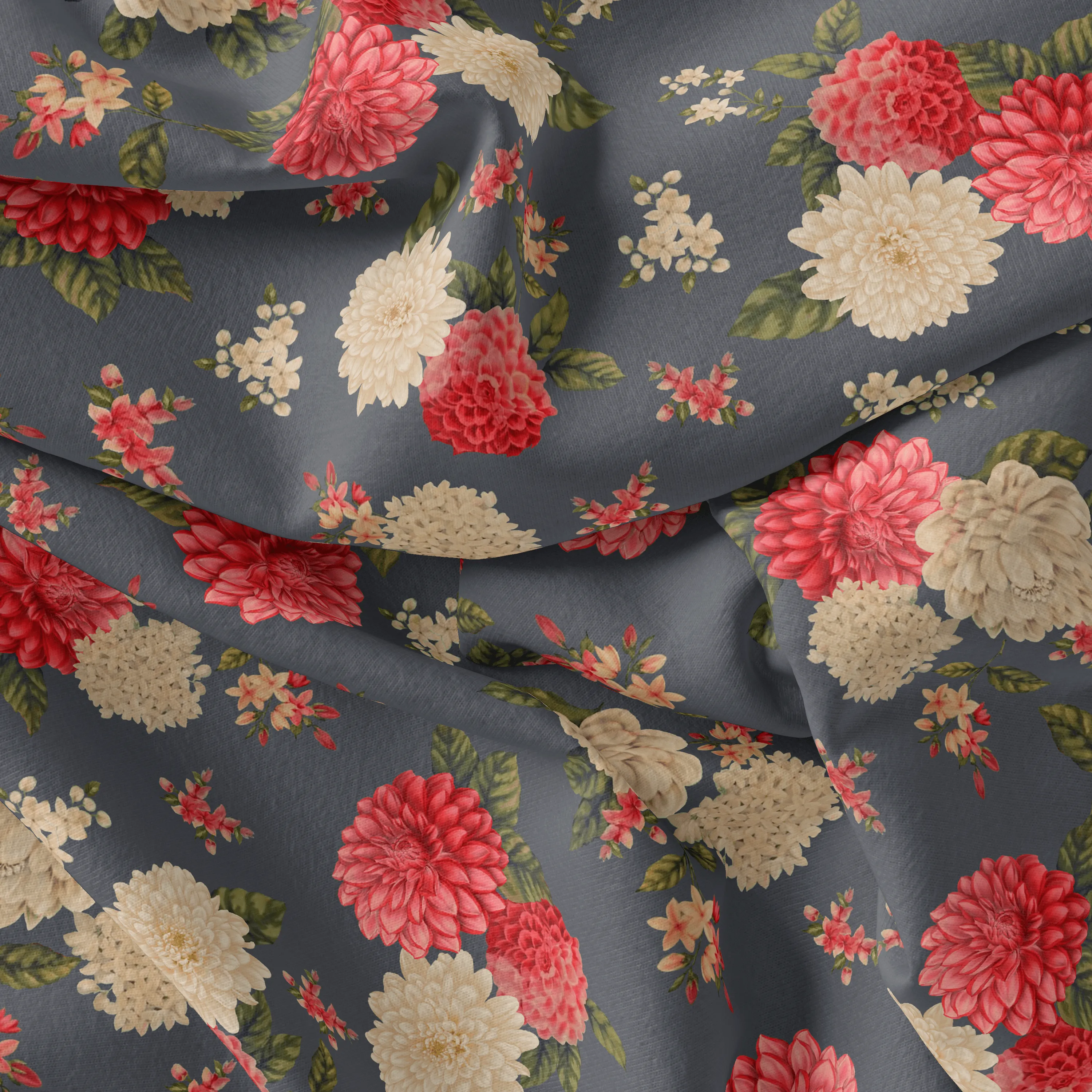 Beautiful Dahlia Red And Gray Flower Digital Printed Fabric