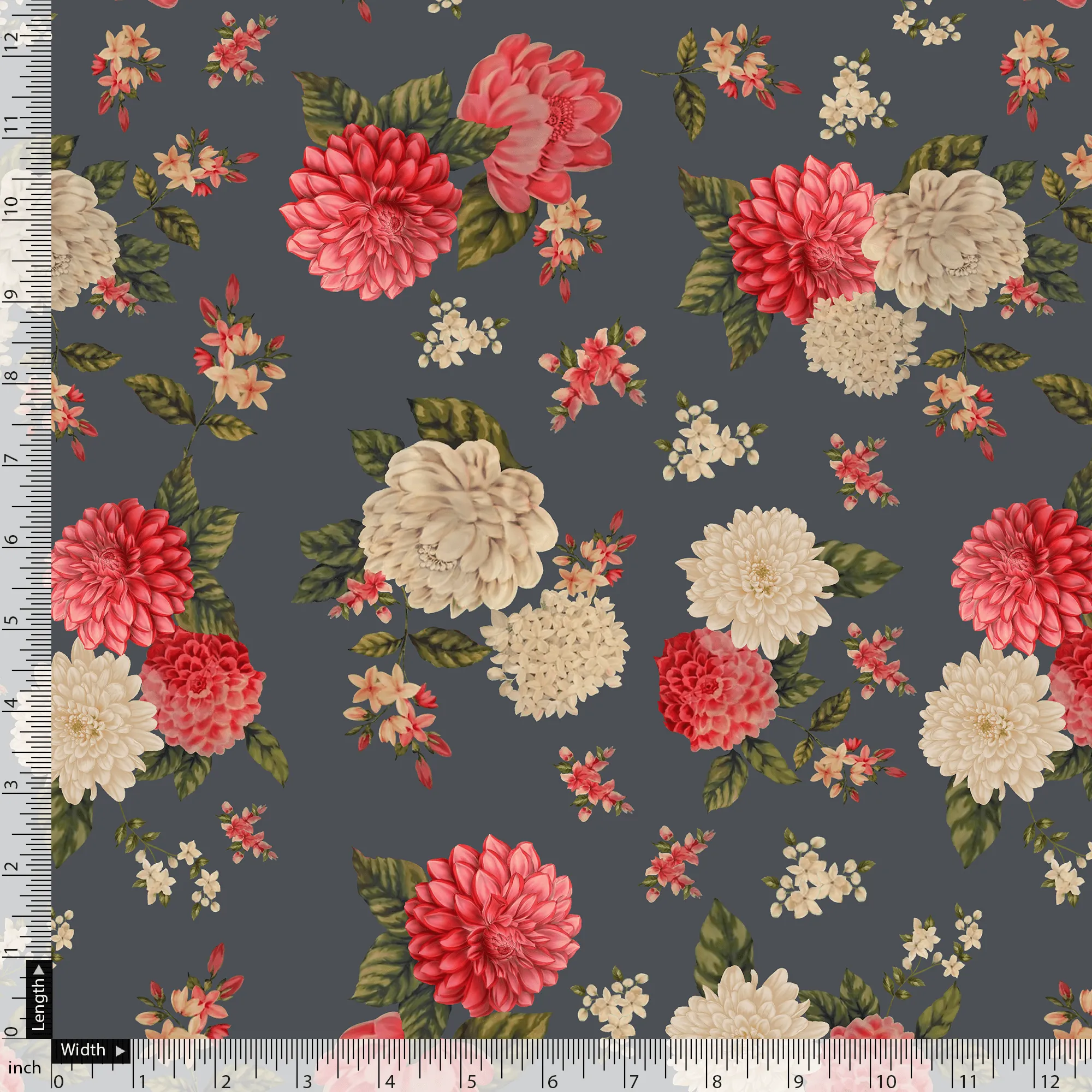 Beautiful Dahlia Red And Gray Flower Digital Printed Fabric