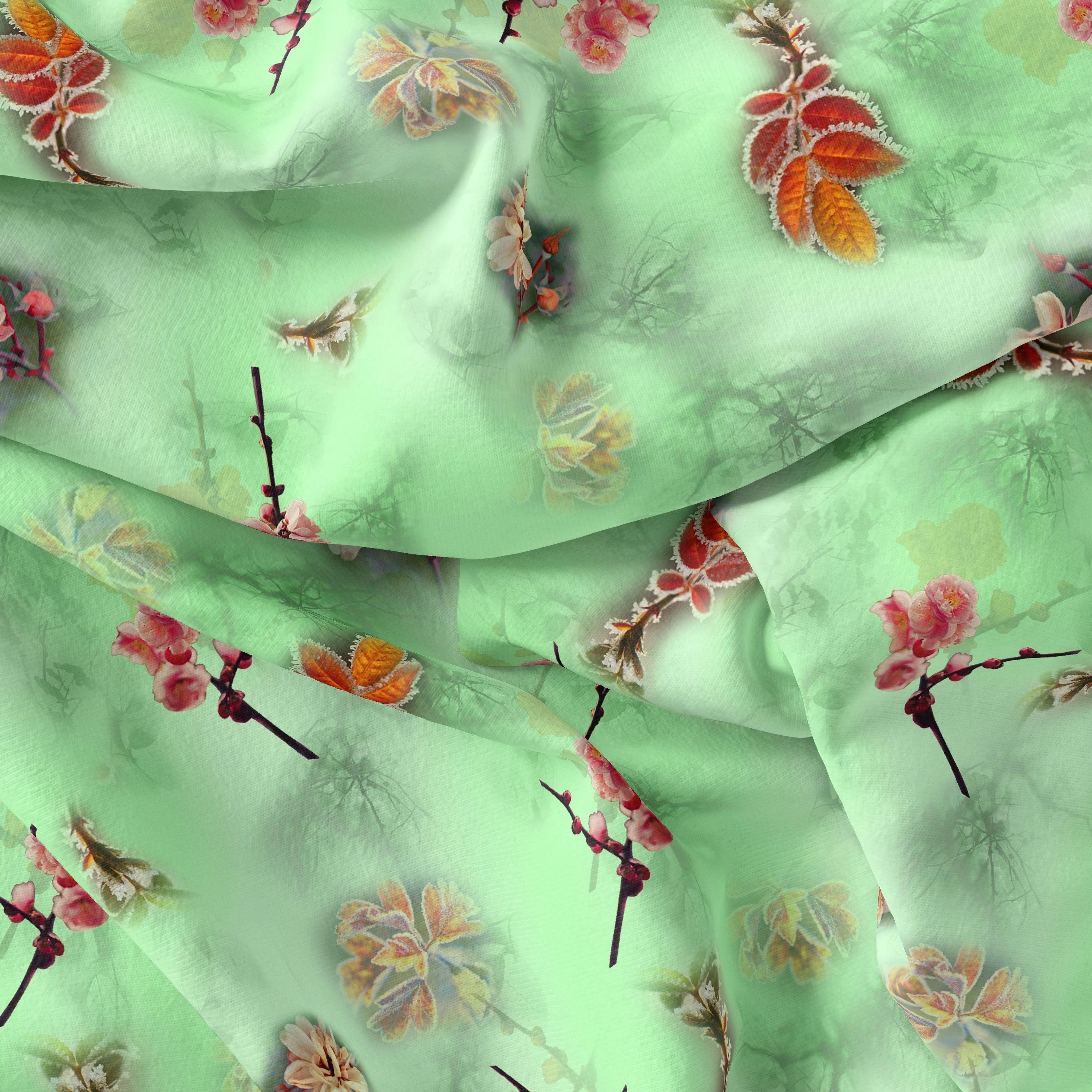 Beautiful Pink Floral With Red Leaves Digital Printed Fabric