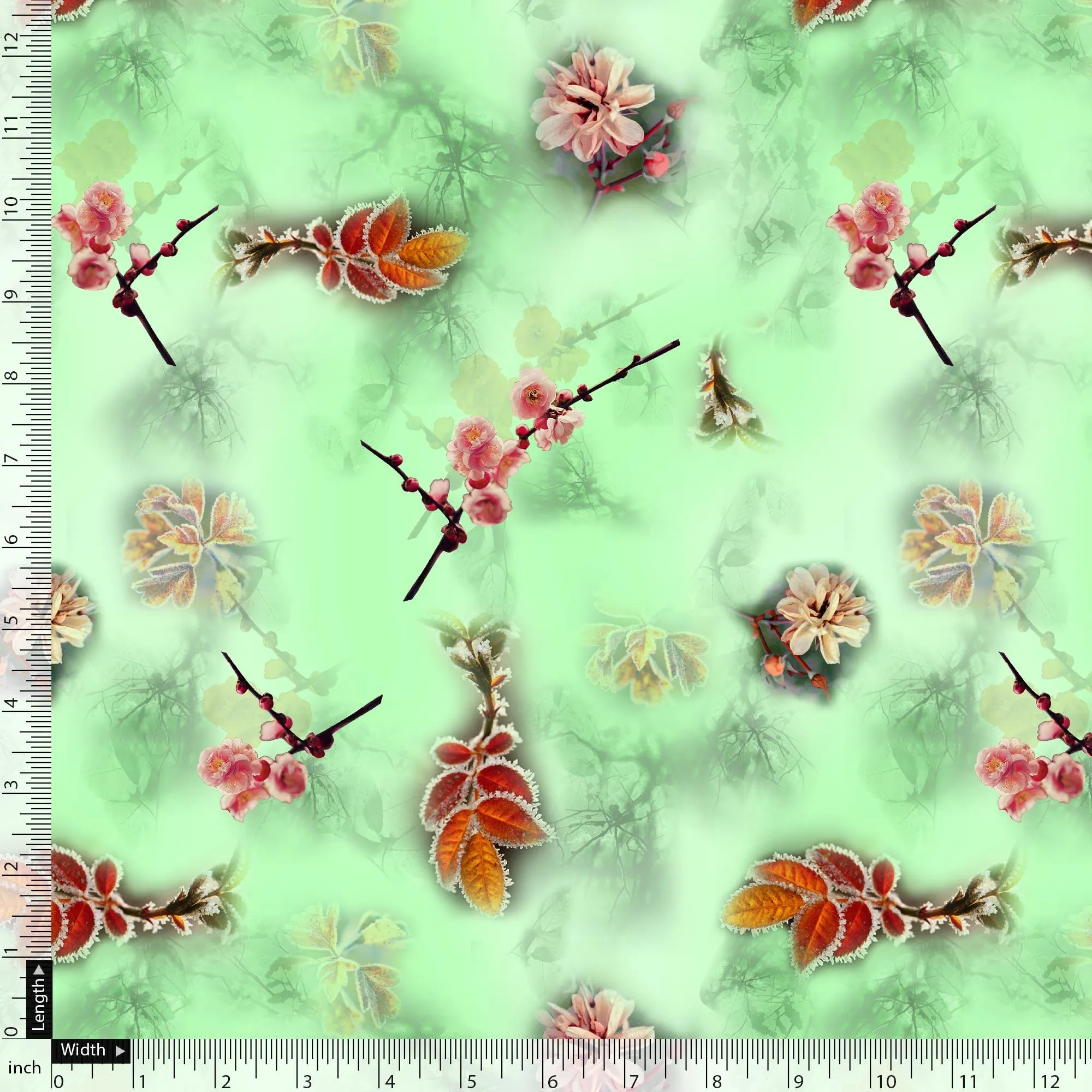Beautiful Pink Floral With Red Leaves Digital Printed Fabric