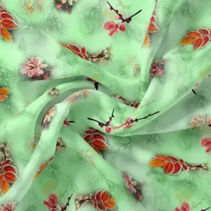 Beautiful Pink Floral With Red Leaves Digital Printed Fabric