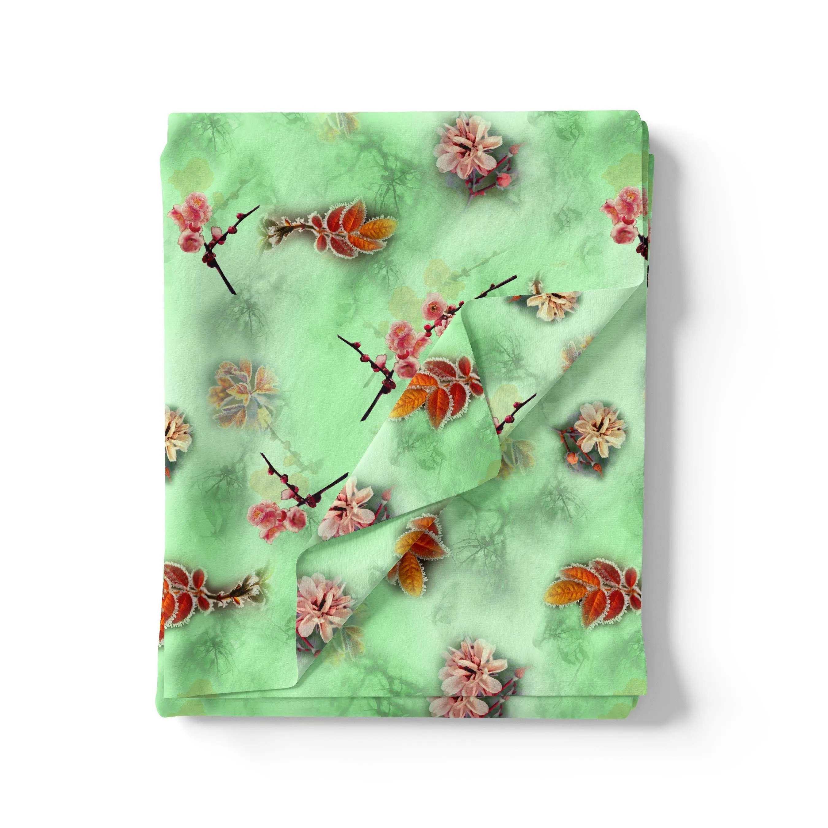 Beautiful Pink Floral With Red Leaves Digital Printed Fabric