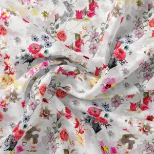 Beautiful Red And Pink Camellia Rose Of Branch Digital Printed Fabric