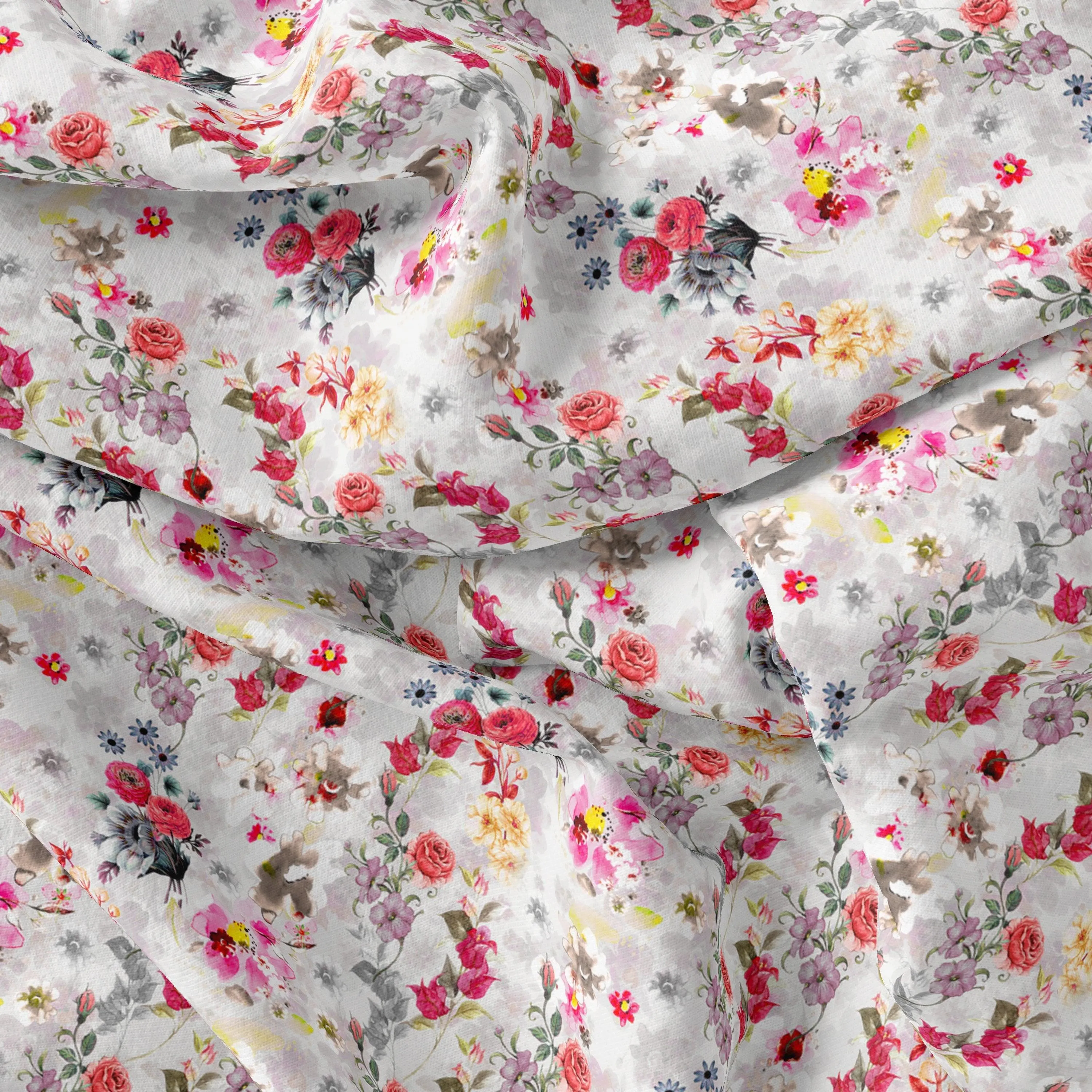 Beautiful Red And Pink Camellia Rose Of Branch Digital Printed Fabric