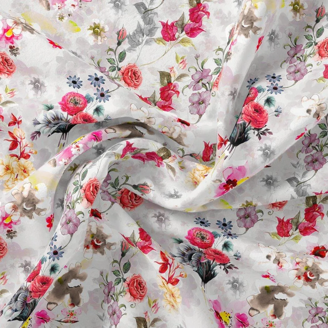 Beautiful Red And Pink Camellia Rose Of Branch Digital Printed Fabric