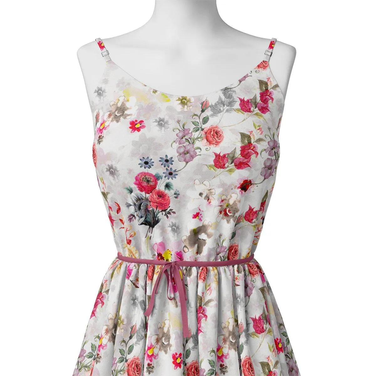 Beautiful Red And Pink Camellia Rose Of Branch Digital Printed Fabric