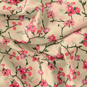Cherry Red Flower With Branch Digital Printed Fabric