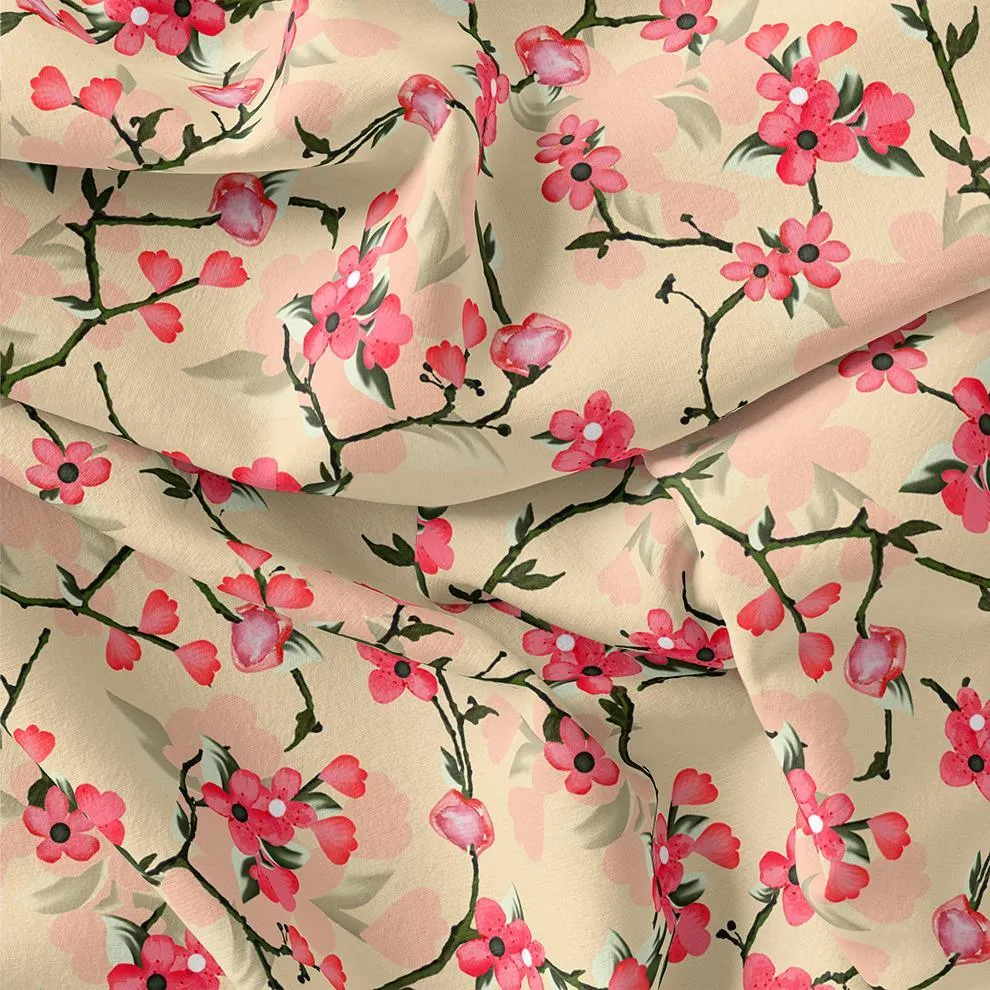 Cherry Red Flower With Branch Digital Printed Fabric