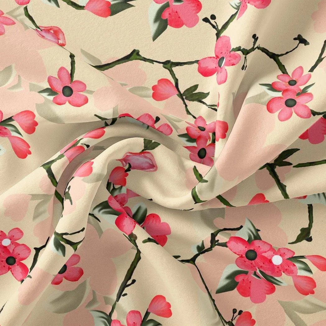 Cherry Red Flower With Branch Digital Printed Fabric