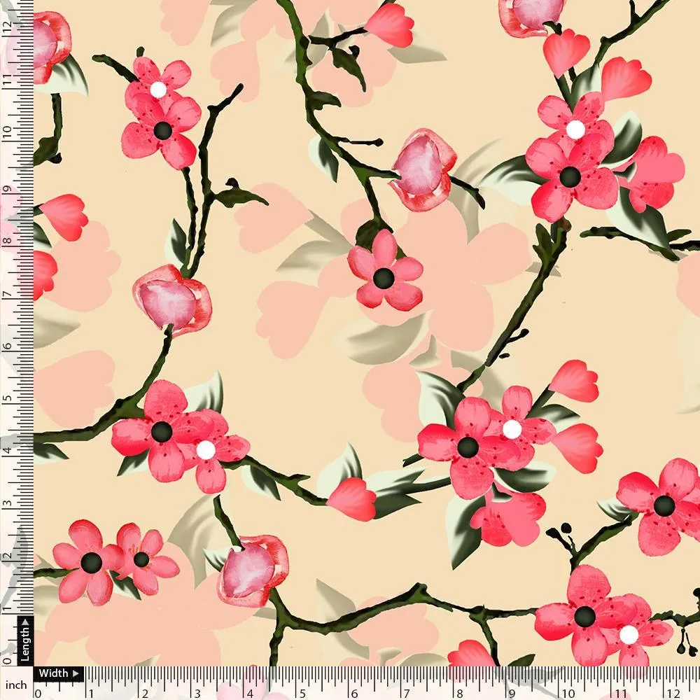 Cherry Red Flower With Branch Digital Printed Fabric
