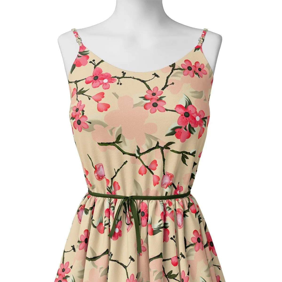 Cherry Red Flower With Branch Digital Printed Fabric