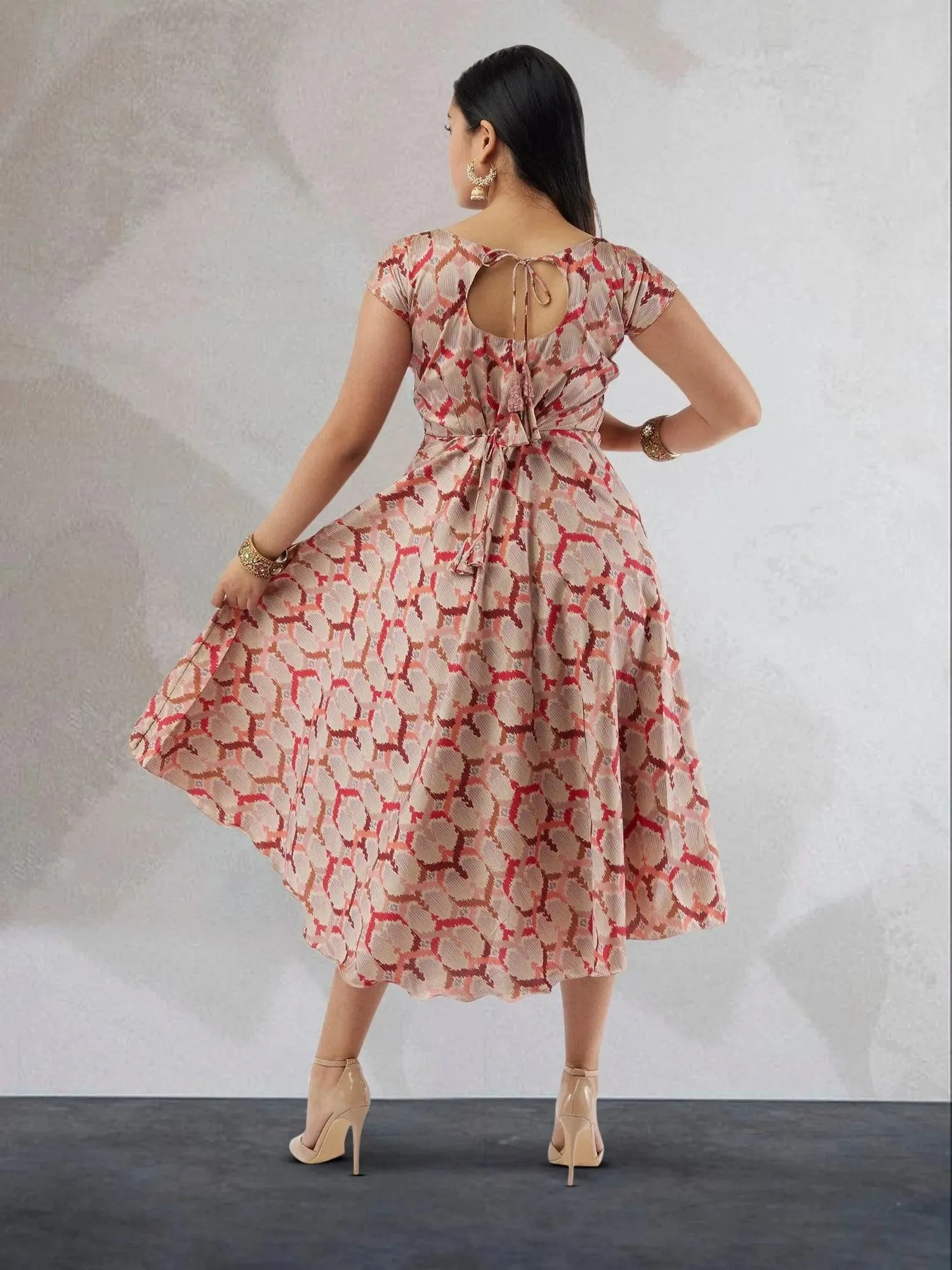 Cream and Red Printed Silk Knee Length Dress | Indo Western Dress