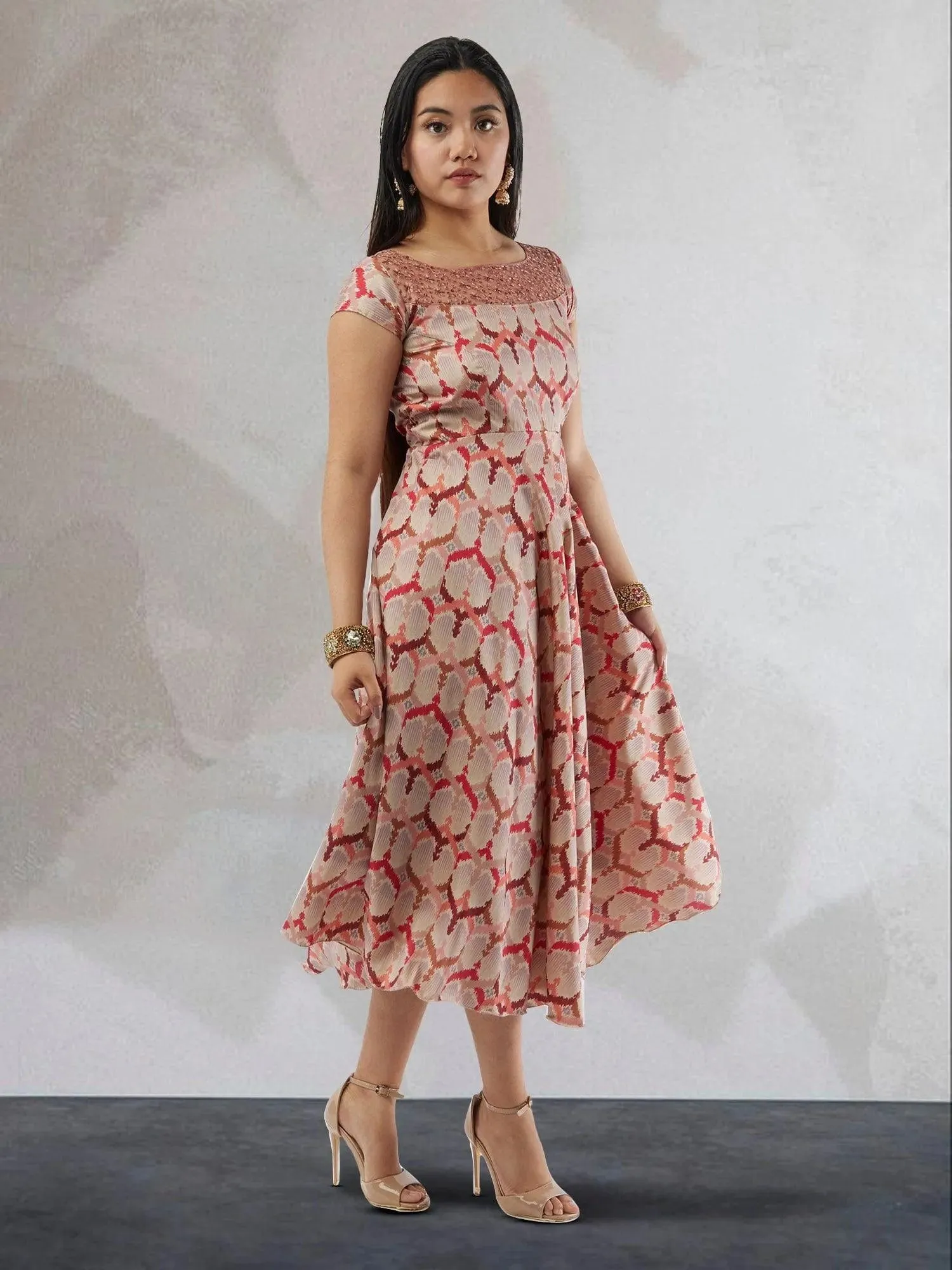 Cream and Red Printed Silk Knee Length Dress | Indo Western Dress