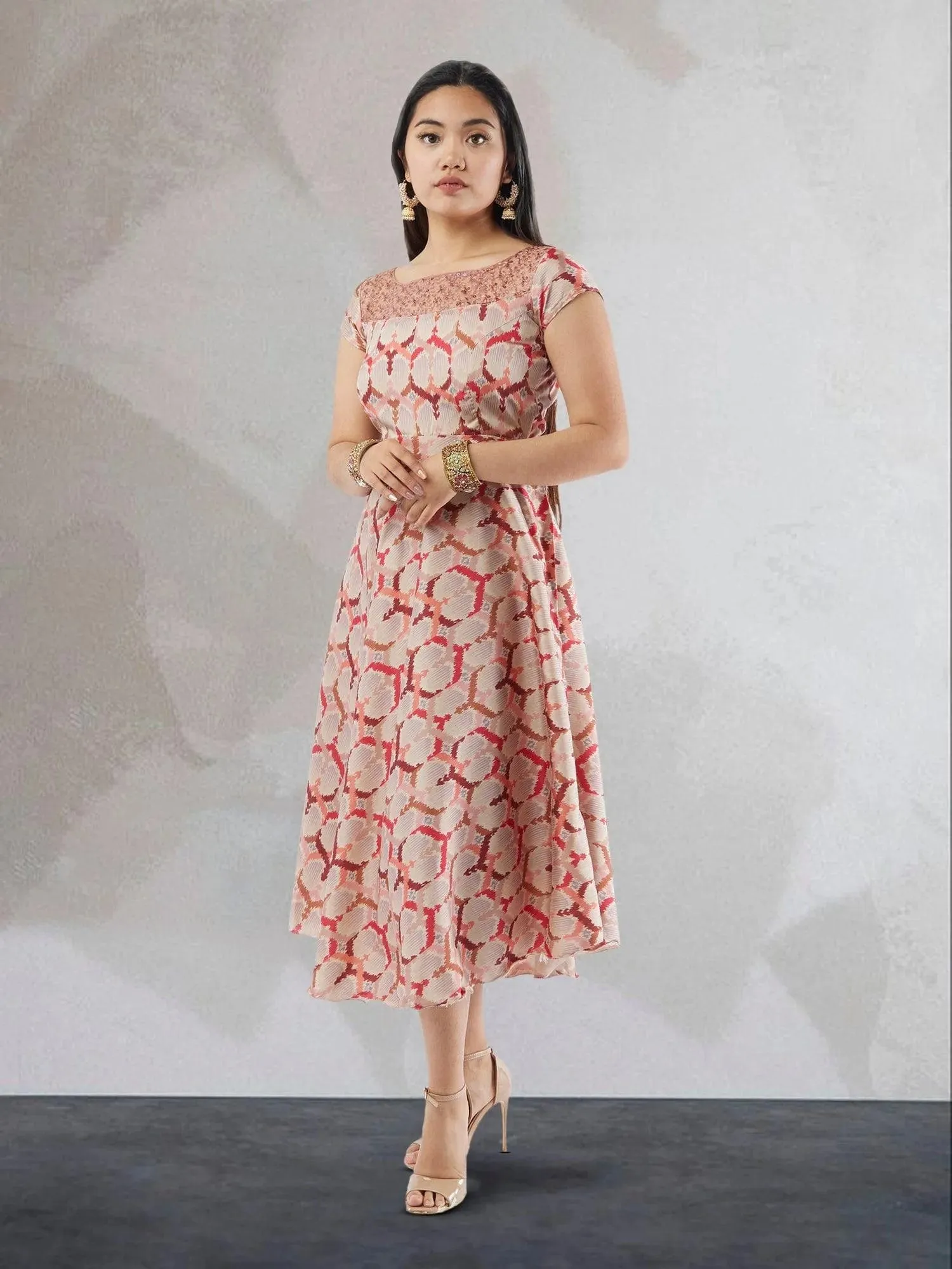 Cream and Red Printed Silk Knee Length Dress | Indo Western Dress