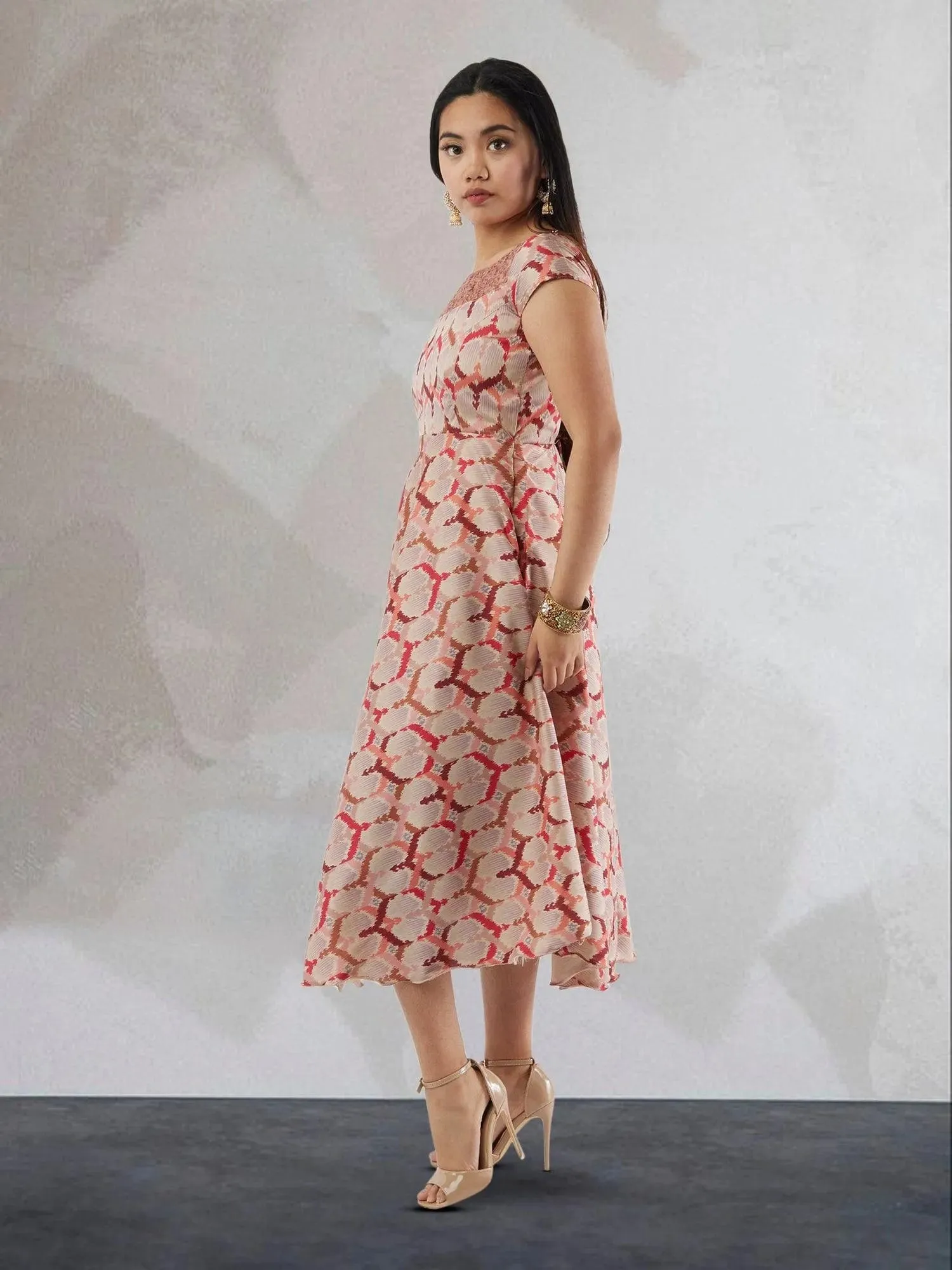 Cream and Red Printed Silk Knee Length Dress | Indo Western Dress