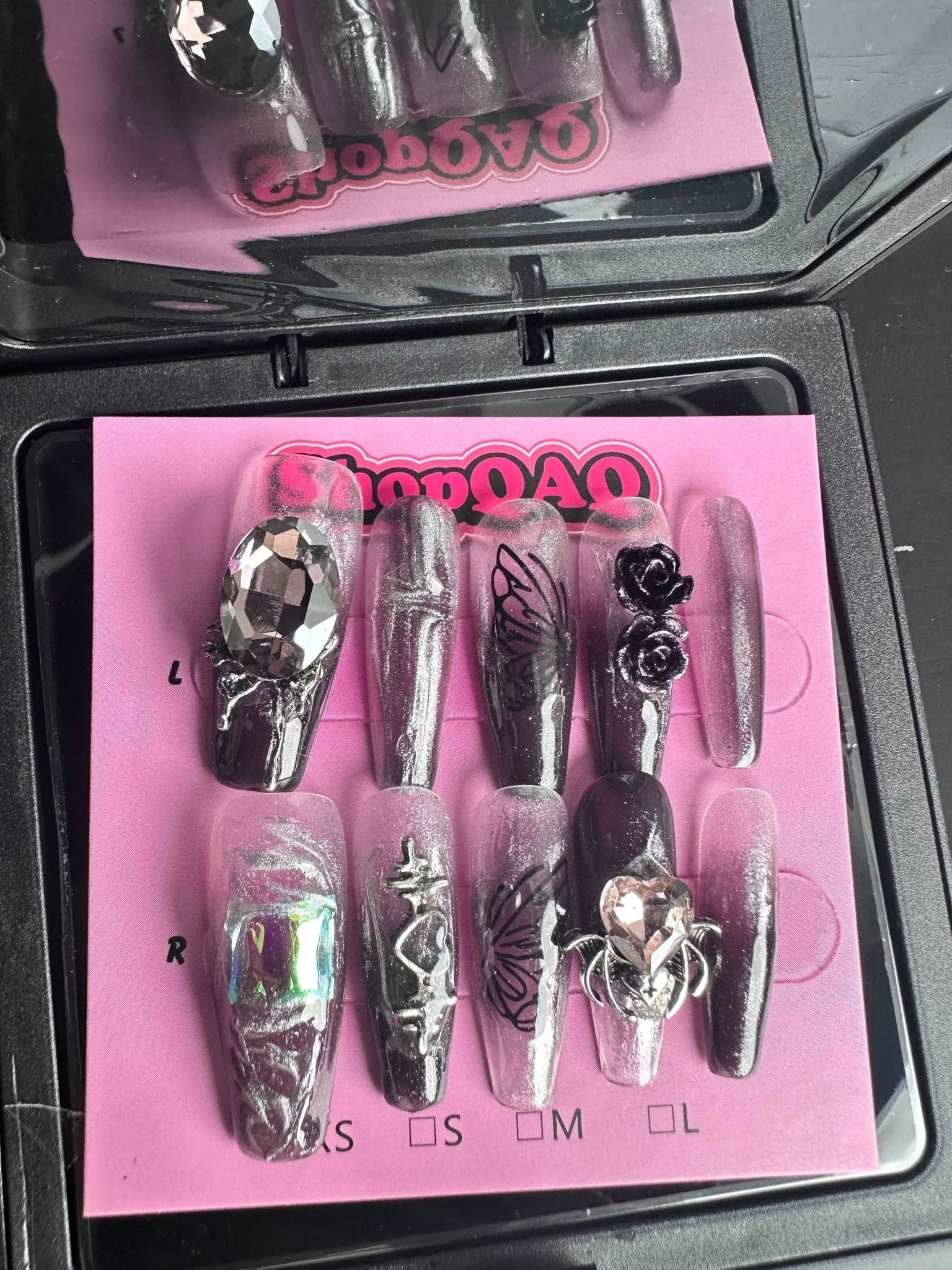 Dark Elegance Handmade Gothic Butterfly Press-On Nails - Frosted Gray Ombre