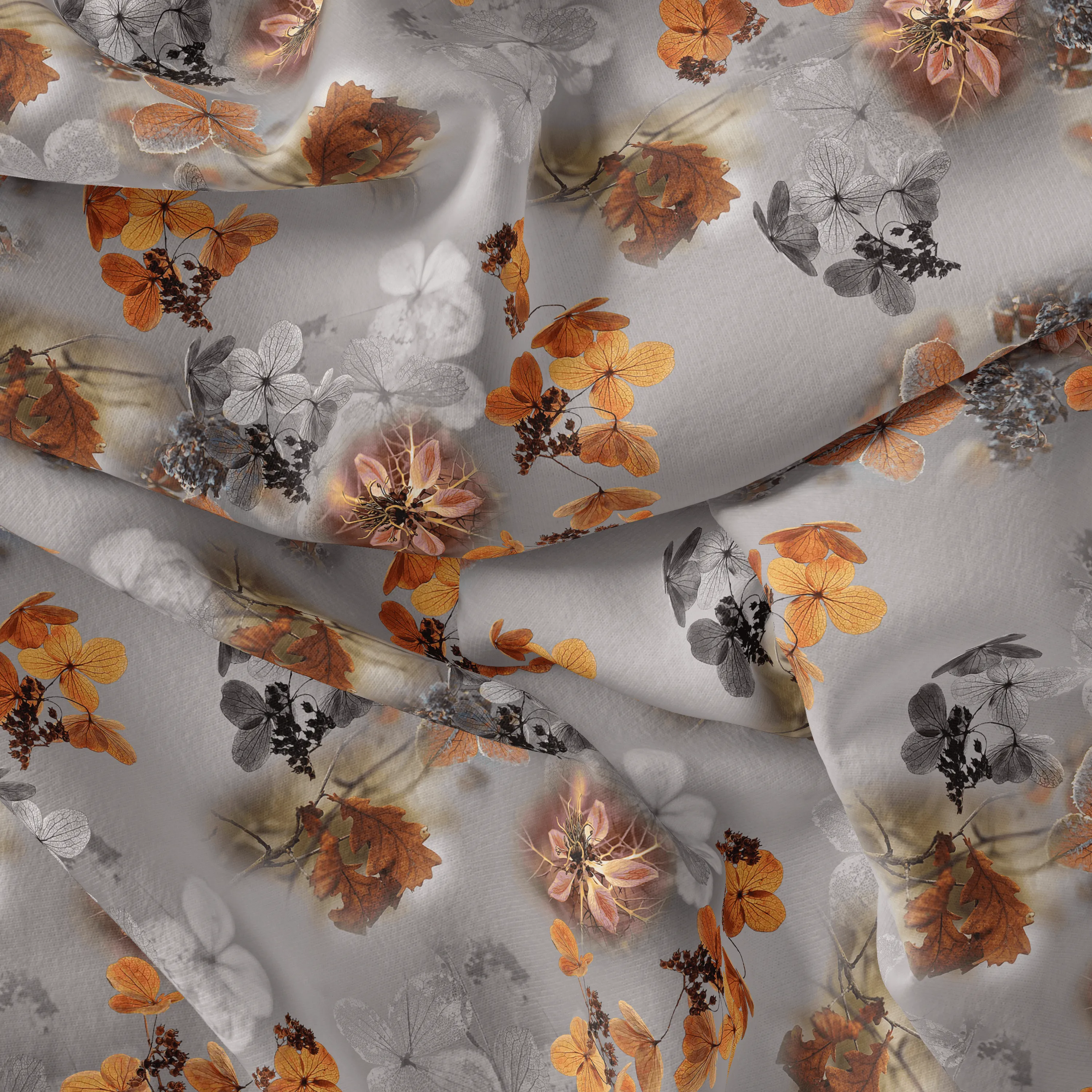 Decorative  Periwinkle Floral Flower With Gray Digital Printed Fabric