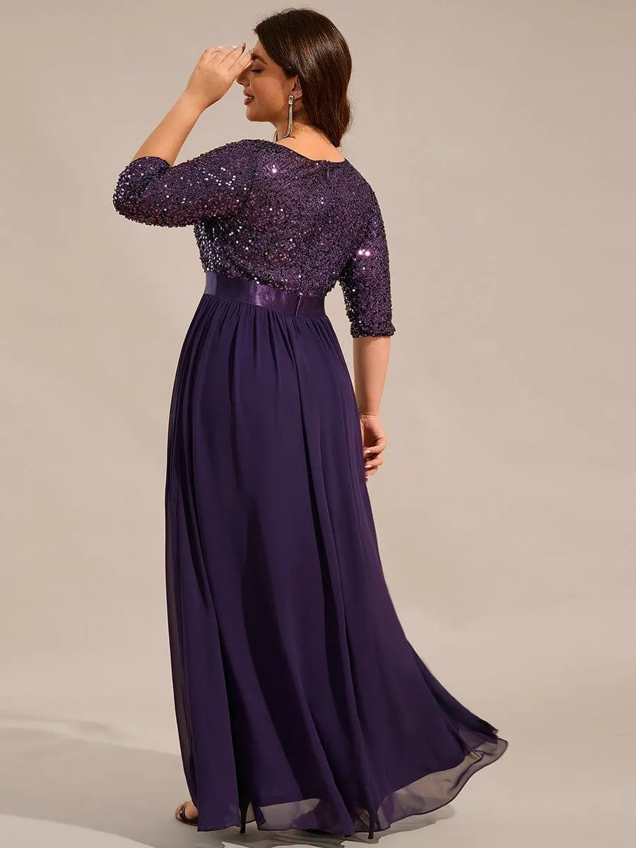 Elegant Round Neckline Long Sleeves Sequin Evening Dress