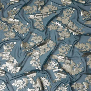 Elegant Teal Silk Chiffon with Silver Floral Embellishments, 140cm Width, Authentic South Korean Fabric-D17781