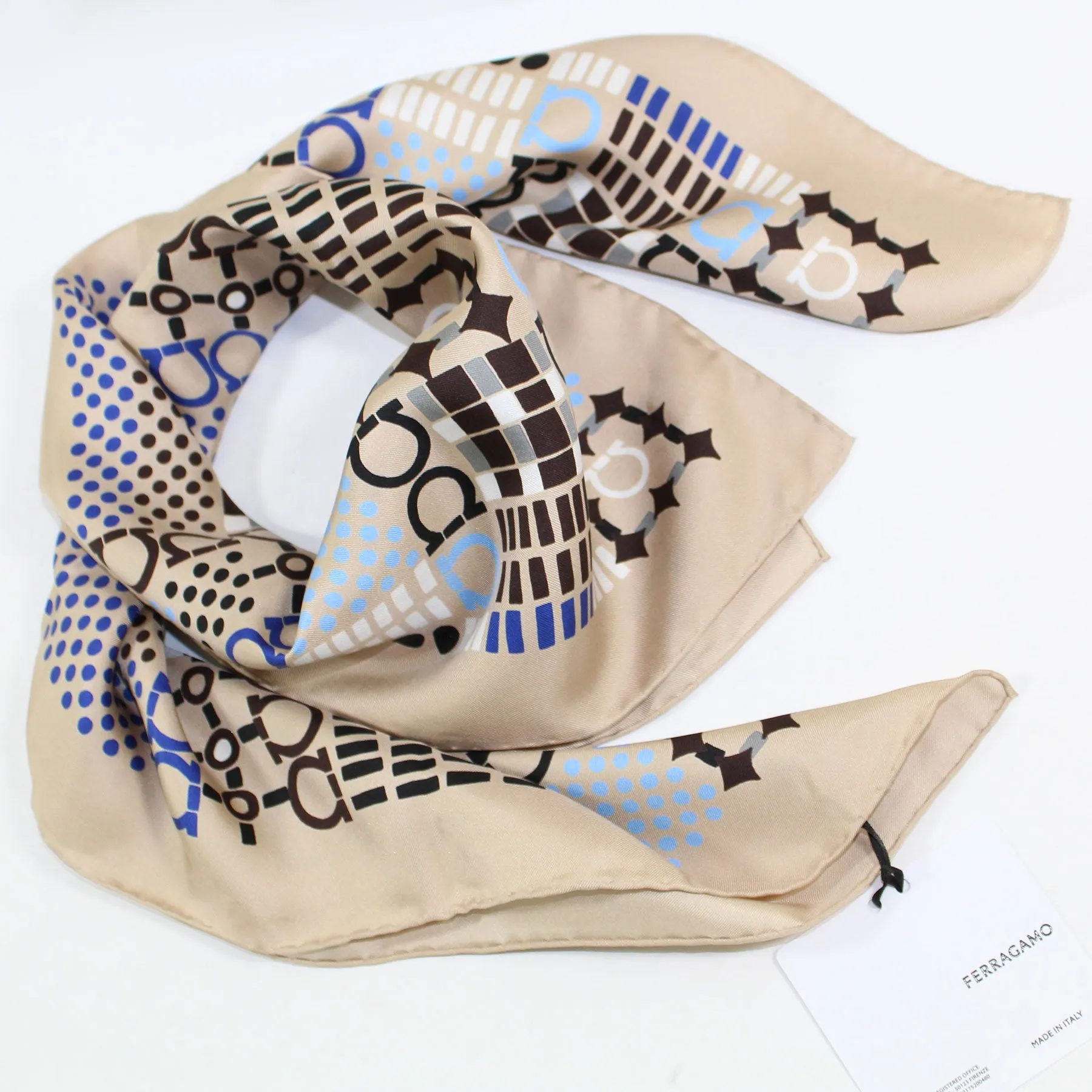 Ferragamo Scarf Beige Gancini - Twill Silk Foulard - New Collection SALE
