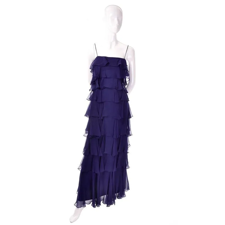 Fred Perlberg Originals Blue Silk Chiffon Ruffled Tiered Vintage Dress W Shawl