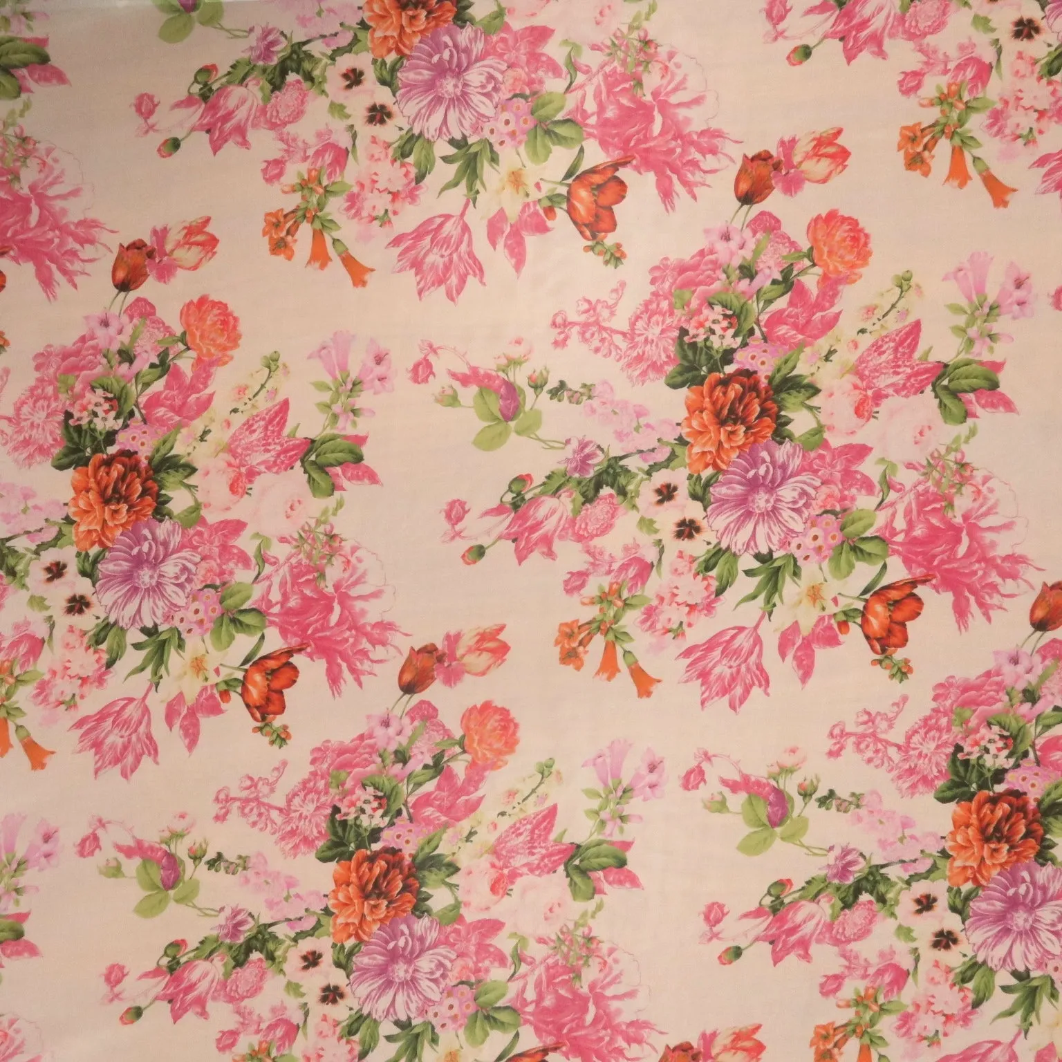 Fuchsia Florals on Ivory Background Printed Silk Chiffon Fabric