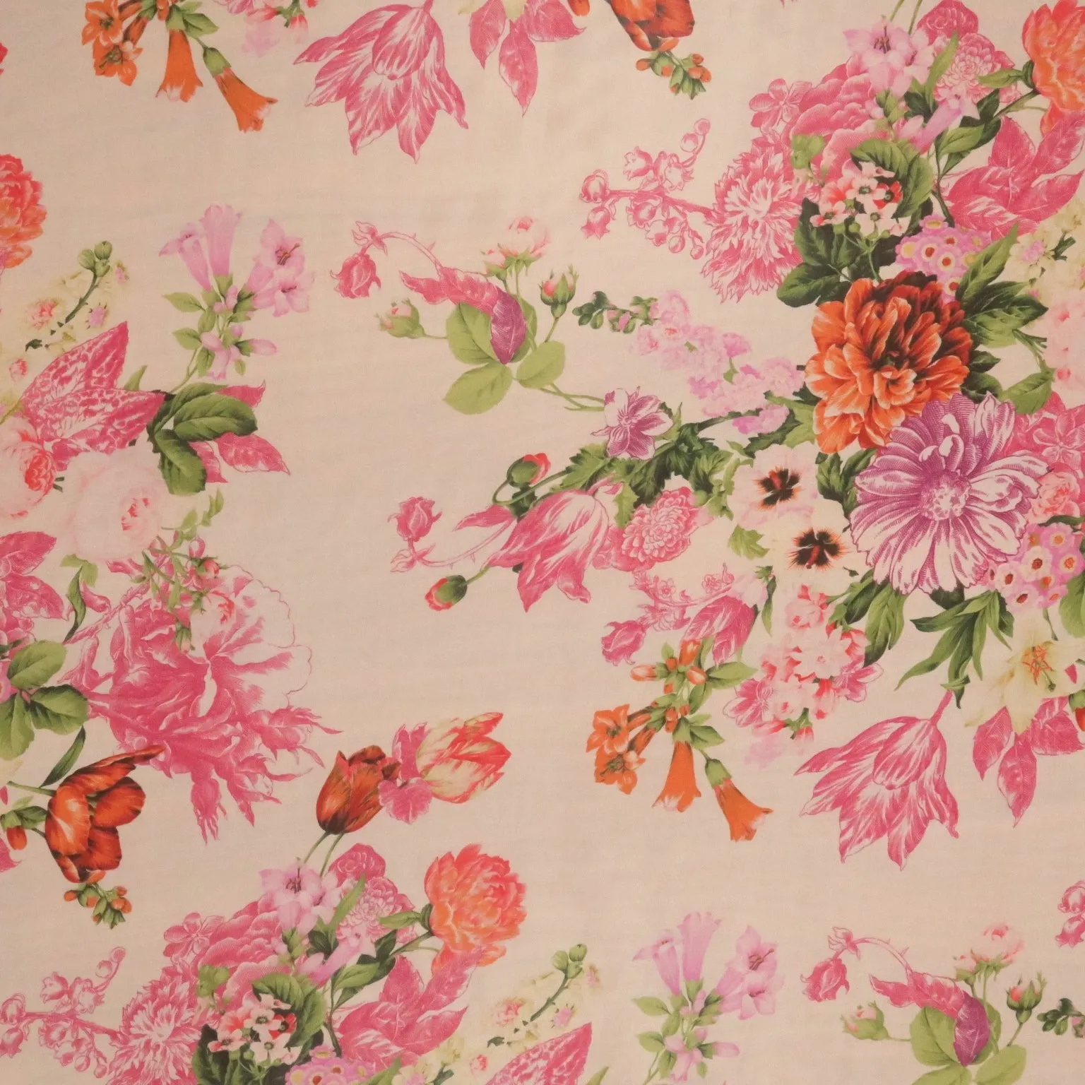 Fuchsia Florals on Ivory Background Printed Silk Chiffon Fabric