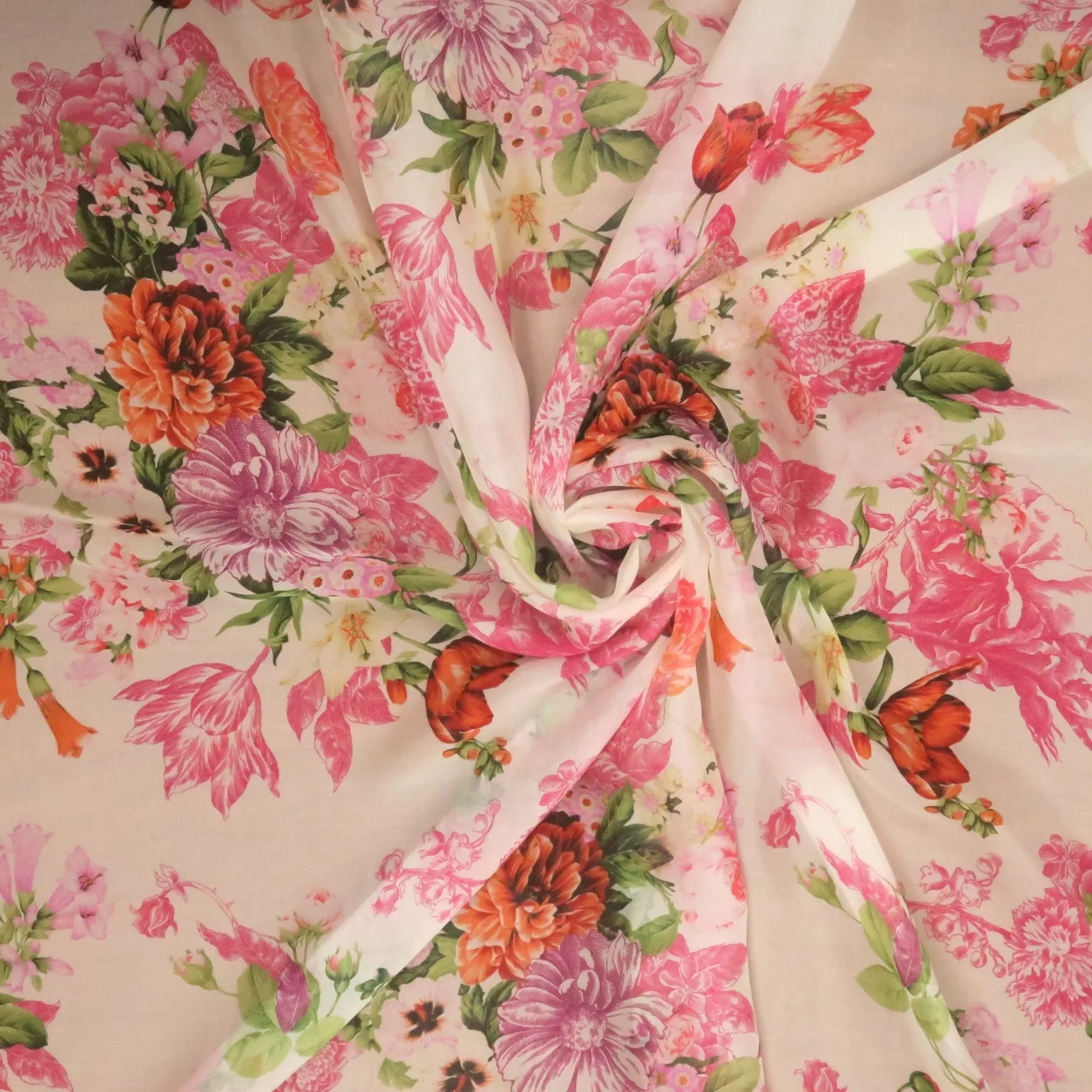 Fuchsia Florals on Ivory Background Printed Silk Chiffon Fabric