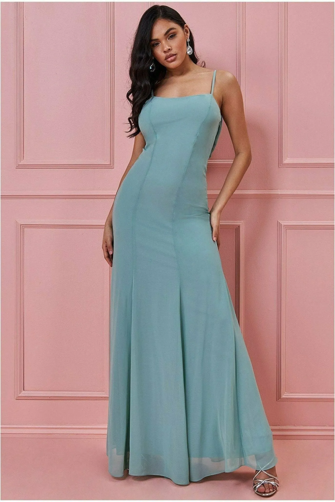 Goddiva Cowl Back Spaghetti Strap Maxi Dress - Sage Green