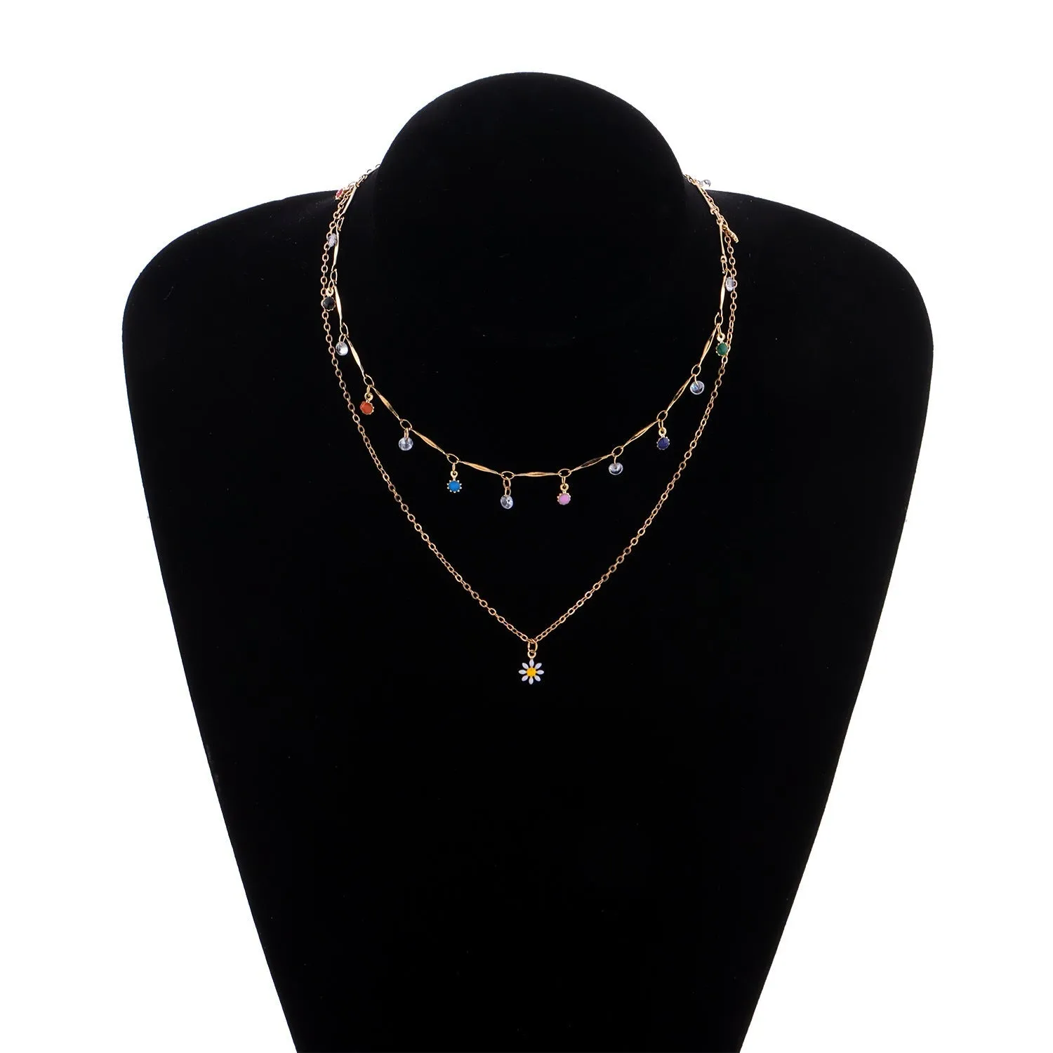 Gold-Plated Layered Necklace with Colorful Charms and Daisy Pendant – Playful Boho Chic Jewelry-jltn0558