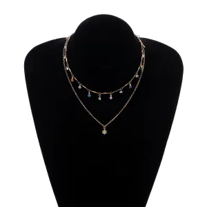 Gold-Plated Layered Necklace with Colorful Charms and Daisy Pendant – Playful Boho Chic Jewelry-jltn0558