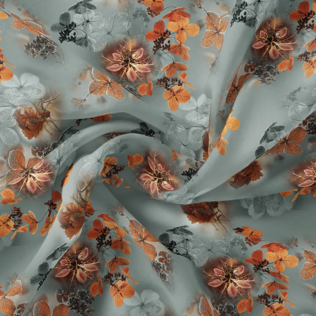 Golden Periwinkle With Gray Floral Digital Printed Fabric