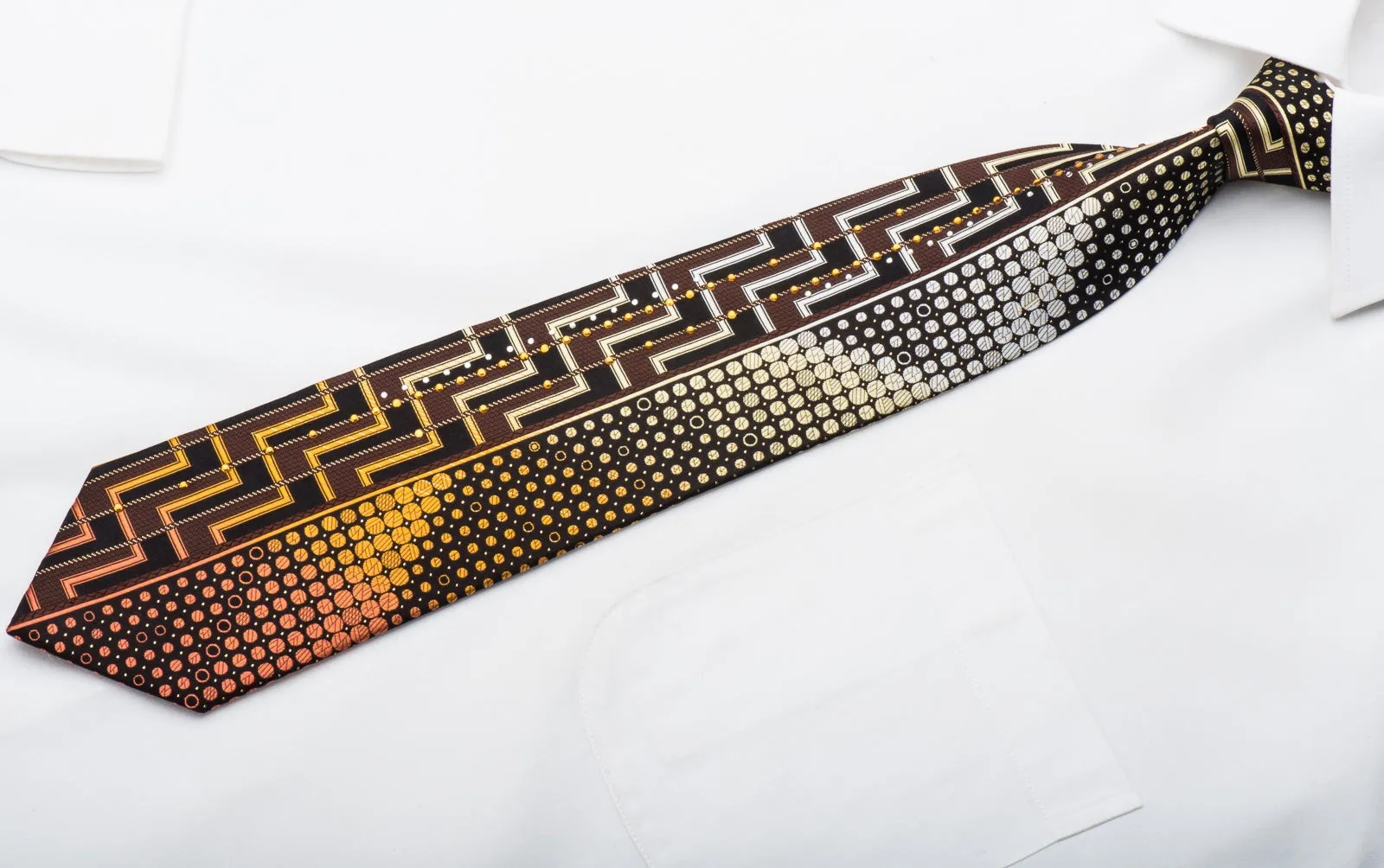 Grand Jour Men's Rhinestone Silk Necktie Orange Chevron Dots On Black With Gold Sparkles