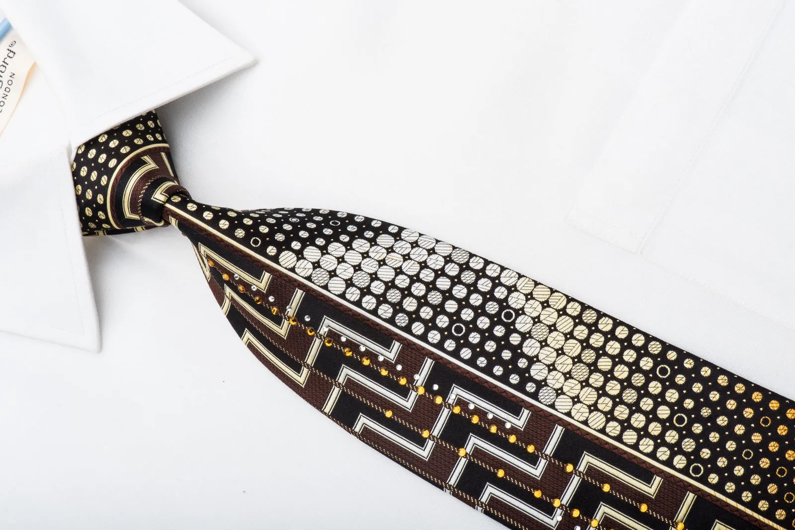 Grand Jour Men's Rhinestone Silk Necktie Orange Chevron Dots On Black With Gold Sparkles