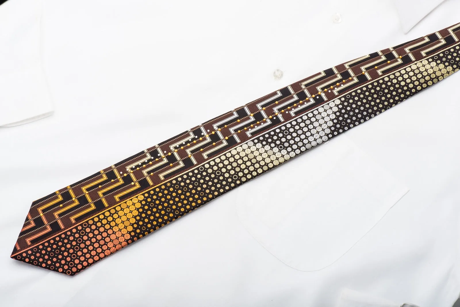 Grand Jour Men's Rhinestone Silk Necktie Orange Chevron Dots On Black With Gold Sparkles