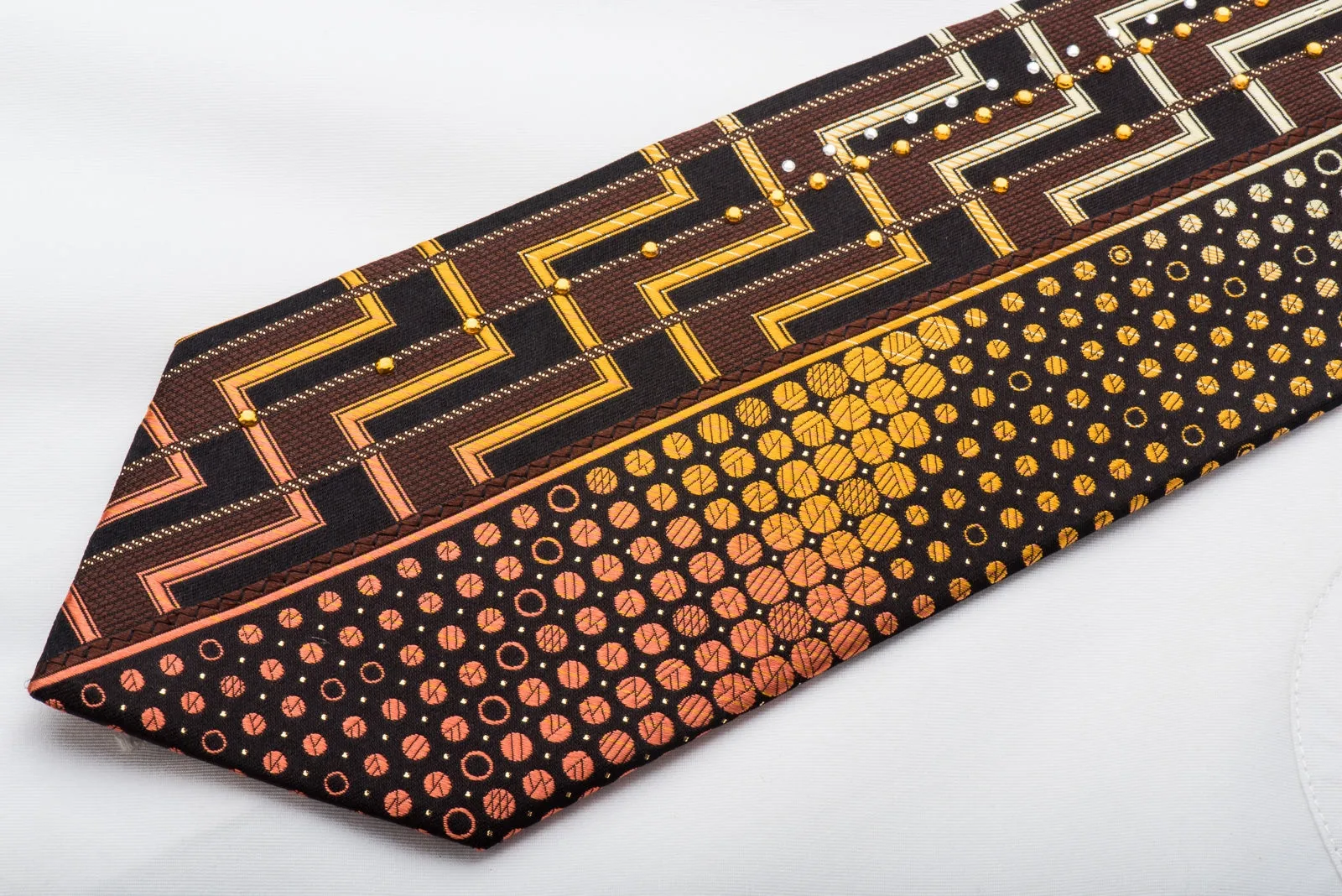 Grand Jour Men's Rhinestone Silk Necktie Orange Chevron Dots On Black With Gold Sparkles