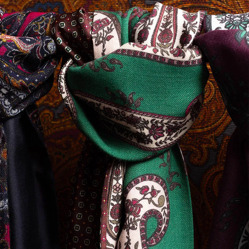 Green and Brown with Big Paisley Silk and Wool Scarf