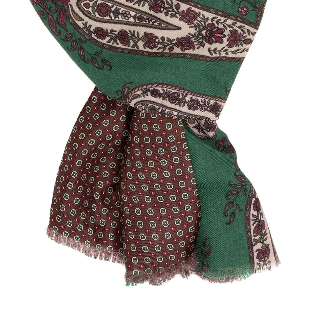 Green and Brown with Big Paisley Silk and Wool Scarf