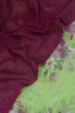 Green Organza Silk Suit with Maroon Dupatta & Digital Embroidery: A Stunning Ensemble for Elegant Occasions