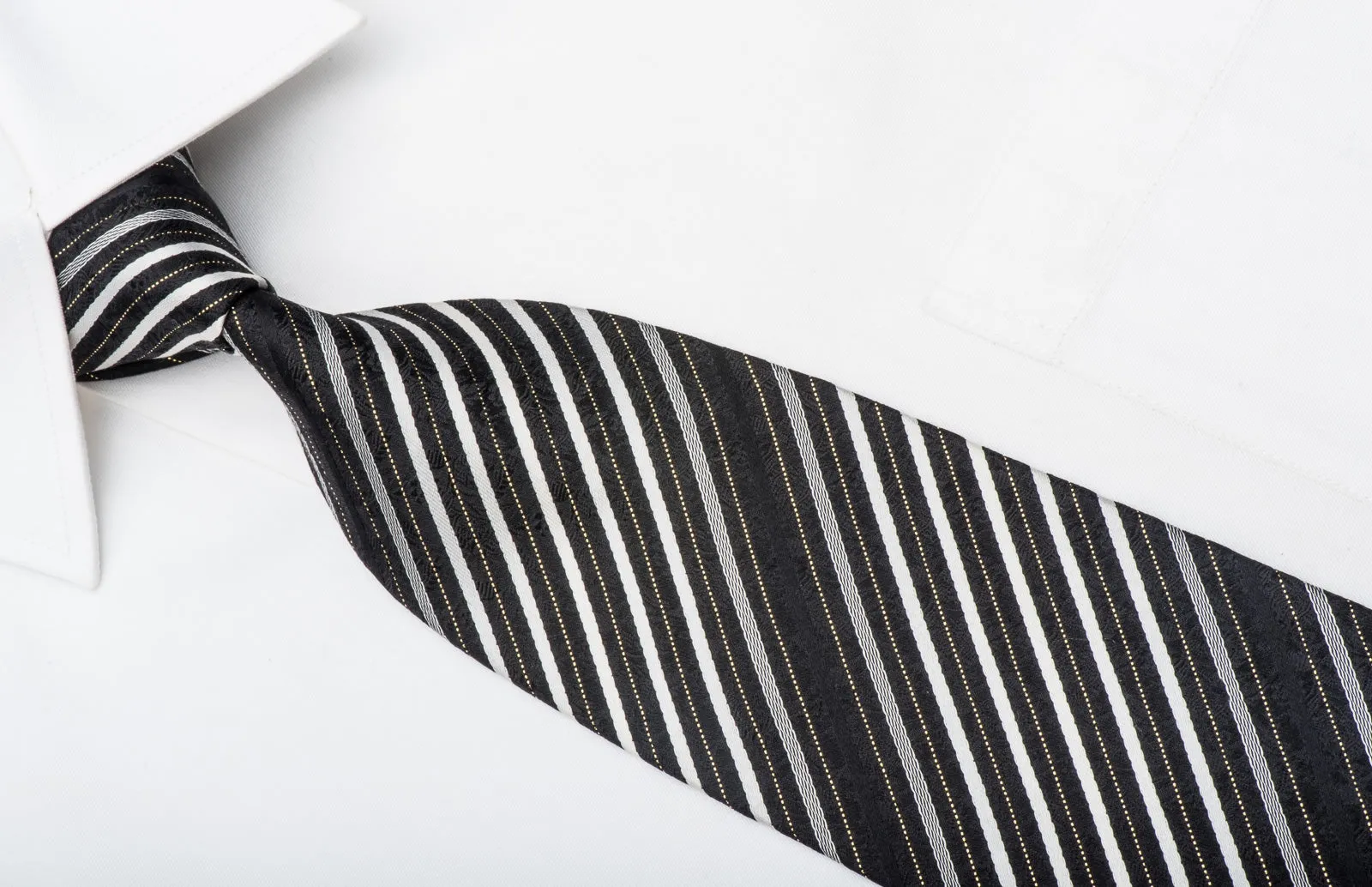 Guy Laroche Mens Rhinestone Necktie Silver Striped On Black Silk With Gold Sparkles