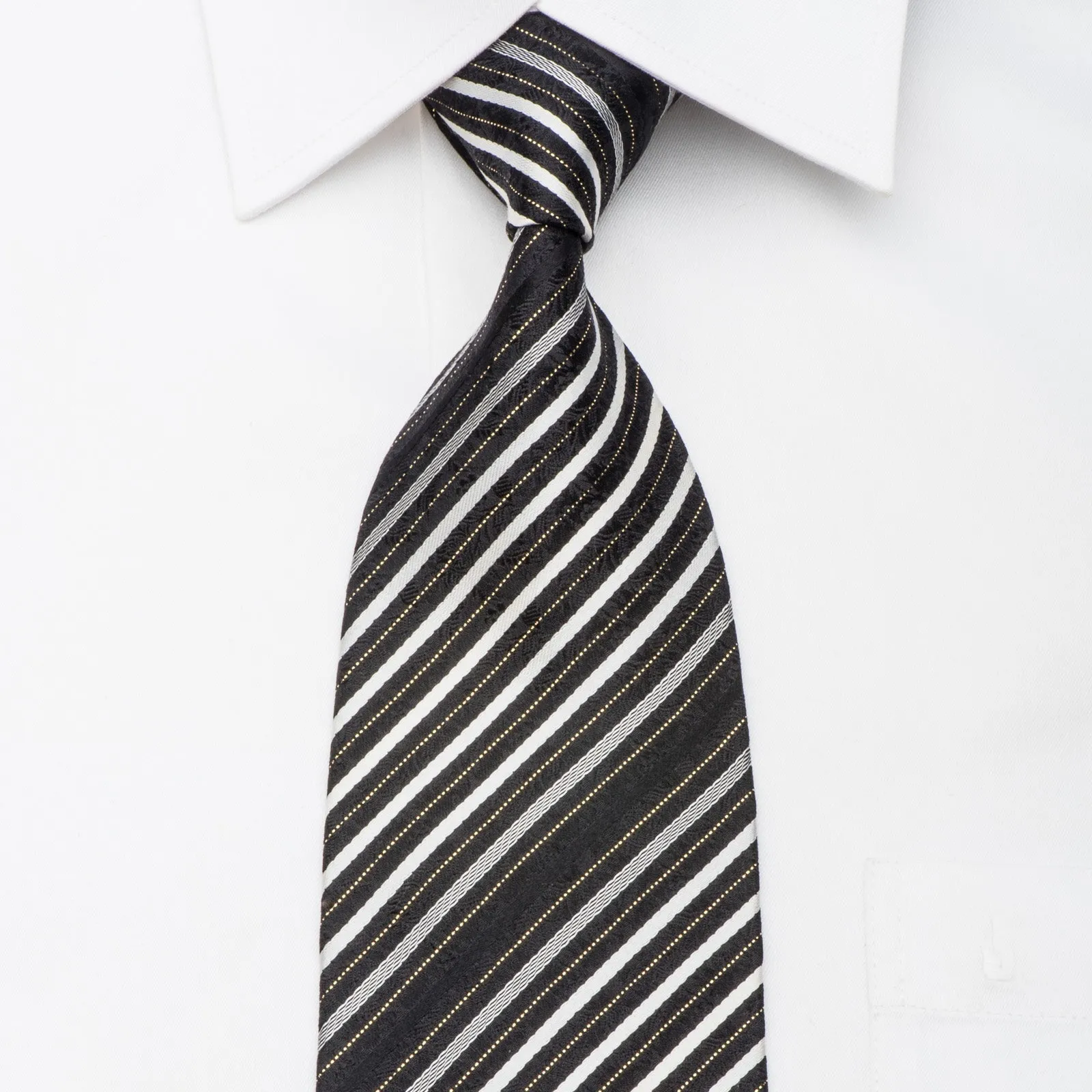 Guy Laroche Mens Rhinestone Necktie Silver Striped On Black Silk With Gold Sparkles
