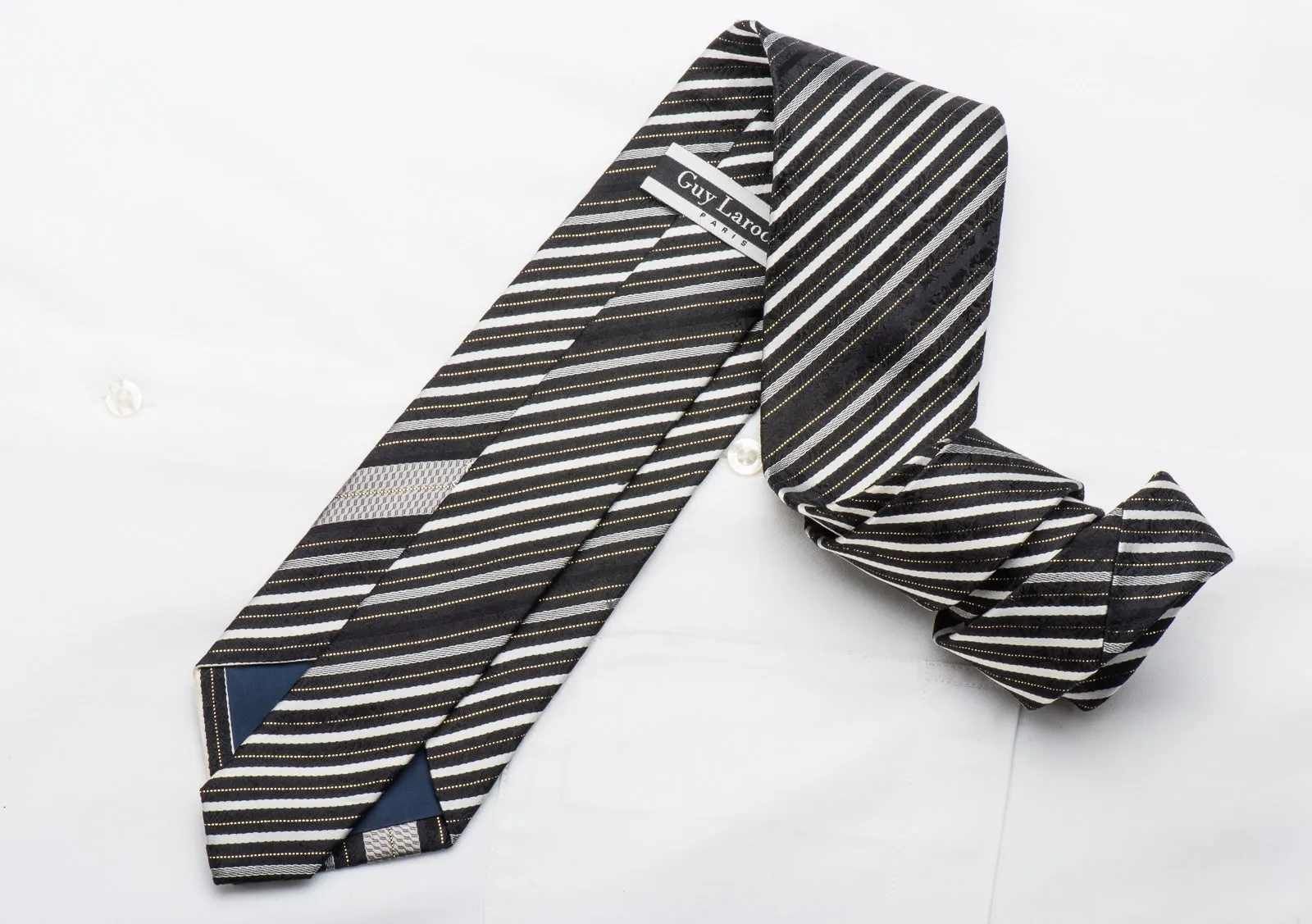 Guy Laroche Mens Rhinestone Necktie Silver Striped On Black Silk With Gold Sparkles