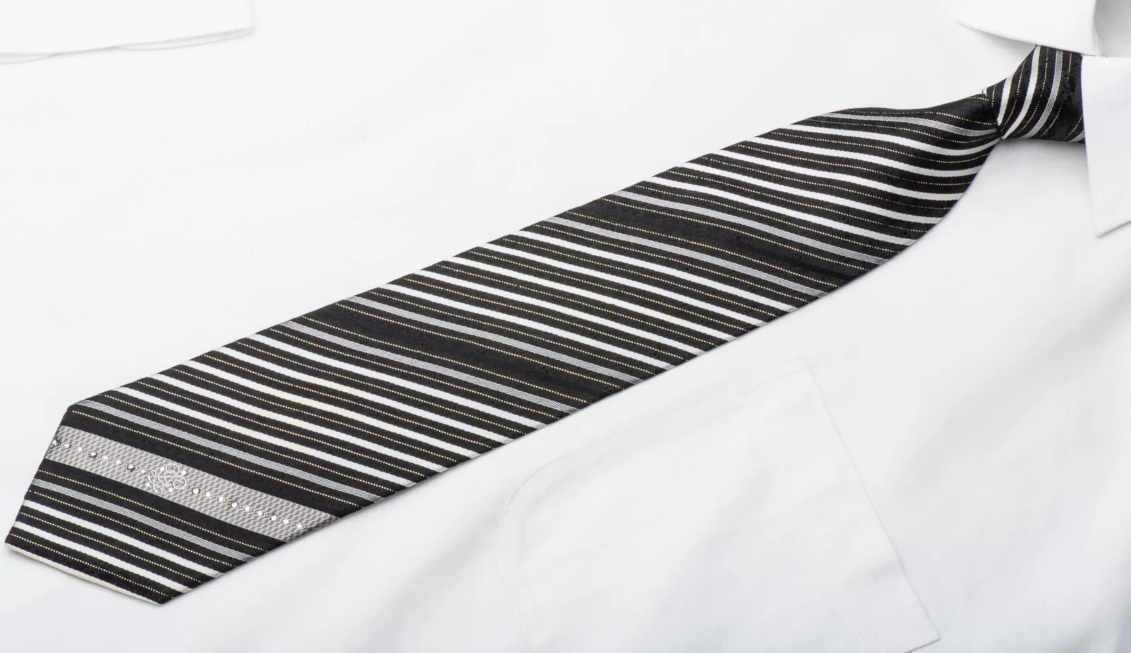 Guy Laroche Mens Rhinestone Necktie Silver Striped On Black Silk With Gold Sparkles